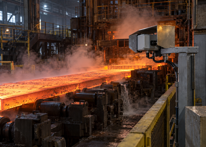 real steel mill continuous-casting line with a glowing slab and a shielded unbranded physical LiDAR profiler mounted at safe standoff in a realistic LiDAR application scene