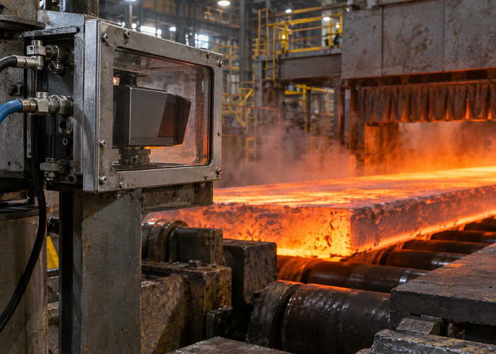 real steel mill continuous-casting line with a glowing slab and a shielded unbranded physical LiDAR profiler mounted at safe standoff validation scene 2