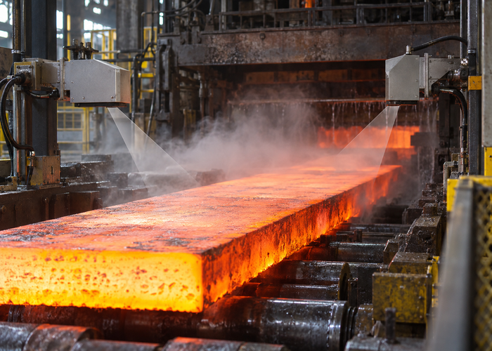 real steel mill continuous-casting line with a glowing slab and a shielded unbranded physical LiDAR profiler mounted at safe standoff validation scene 3
