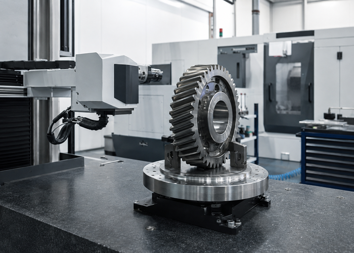 precision gear inspection station using a physical line LiDAR profiler on a rotary fixture in a machine shop in a realistic LiDAR application scene