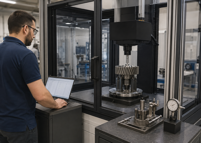 precision gear inspection station using a physical line LiDAR profiler on a rotary fixture in a machine shop validation scene 3