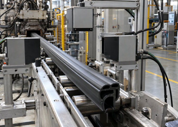 real rubber extrusion line with dark automotive door seal passing through multiple physical unbranded LiDAR profile sensors in a realistic LiDAR application scene