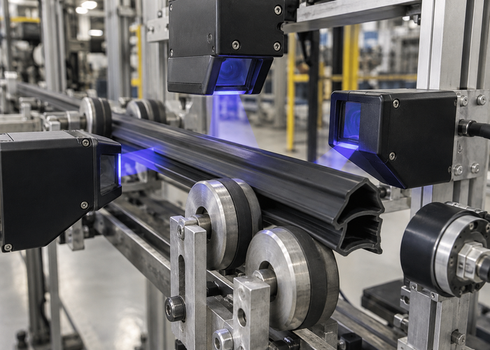 real rubber extrusion line with dark automotive door seal passing through multiple physical unbranded LiDAR profile sensors validation scene 2