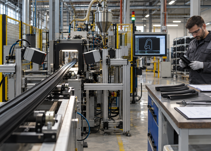 real rubber extrusion line with dark automotive door seal passing through multiple physical unbranded LiDAR profile sensors validation scene 3