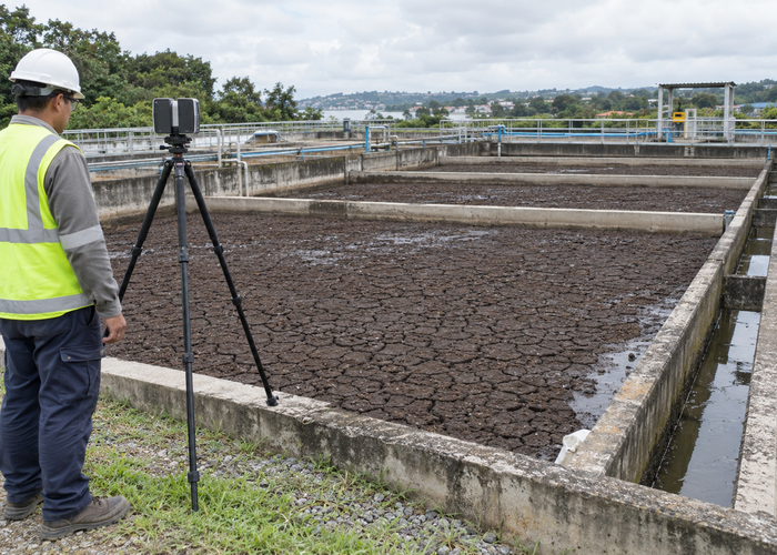 real outdoor wastewater sludge drying beds with cracked drying surfaces and a physical unbranded LiDAR scanner on a safe elevated tripod in a realistic LiDAR application scene