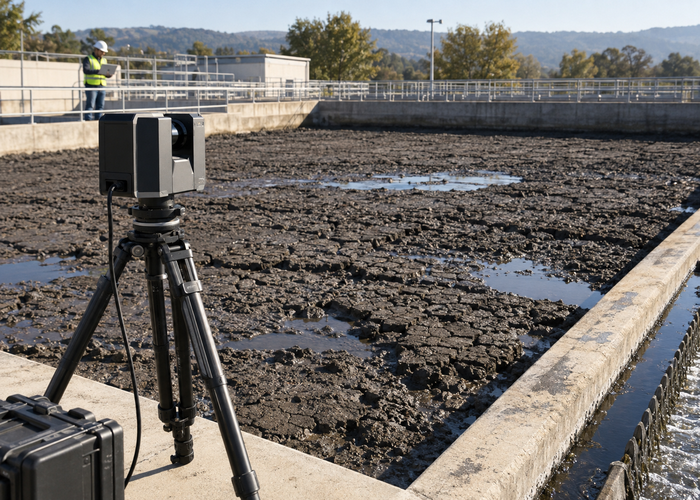 real outdoor wastewater sludge drying beds with cracked drying surfaces and a physical unbranded LiDAR scanner on a safe elevated tripod validation scene 2