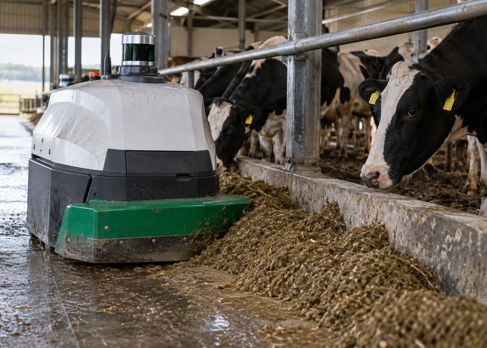 real autonomous dairy feed-pusher robot with physical LiDAR moving along a barn feed alley beside cattle with workers safely separated validation scene 2