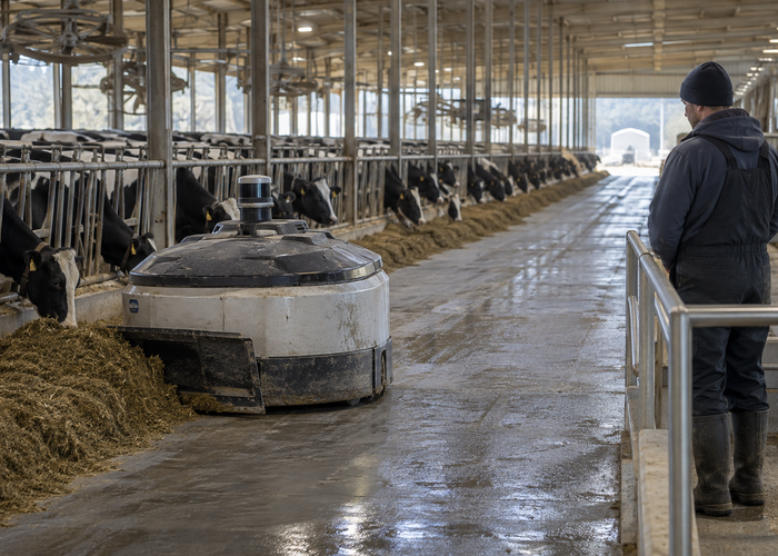 real autonomous dairy feed-pusher robot with physical LiDAR moving along a barn feed alley beside cattle with workers safely separated validation scene 3