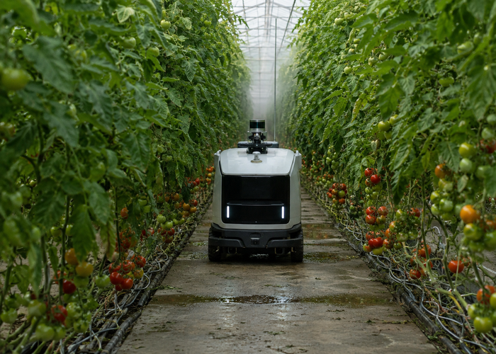 compact agricultural robot with physical LiDAR navigating between dense greenhouse crop rows in a realistic LiDAR application scene