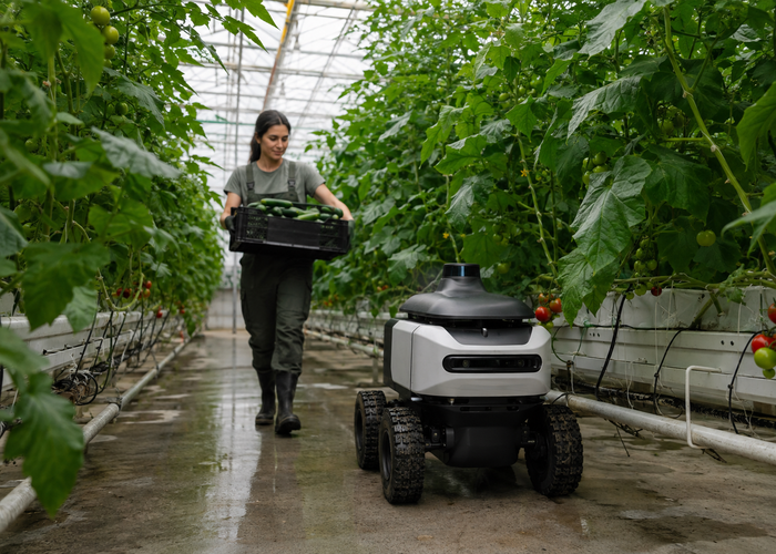 compact agricultural robot with physical LiDAR navigating between dense greenhouse crop rows validation scene 3