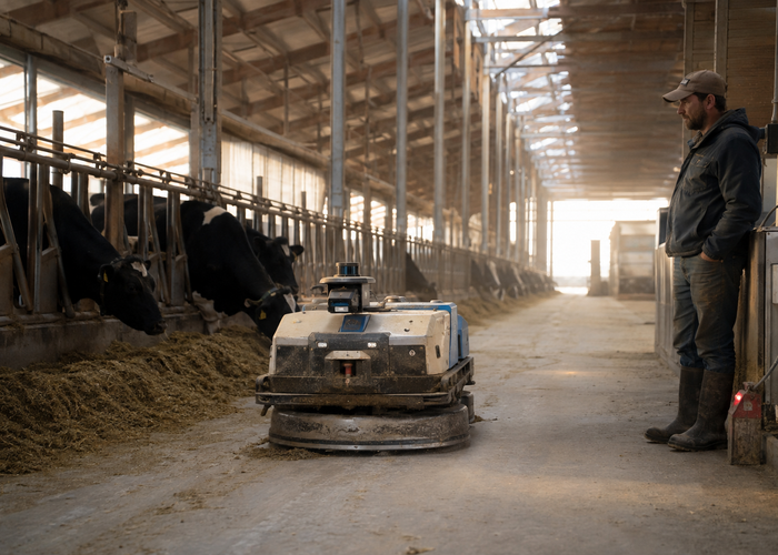 autonomous feed-pushing robot using physical LiDAR in a realistic dairy barn aisle beside cattle and feed bunks validation scene 3
