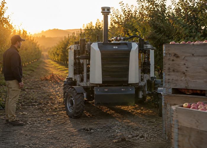 real unbranded orchard harvesting robot with physical LiDAR sensors moving between fruit trees near filled harvest bins while workers remain at a safe distance in natural sunlight validation scene 3
