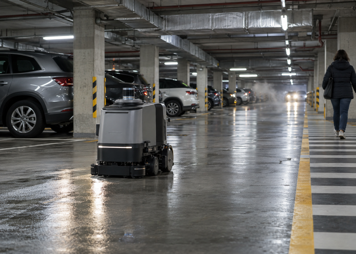 compact autonomous cleaning and inspection robot with physical LiDAR navigating a realistic underground parking garage ramp among concrete pillars and parked cars validation scene 2