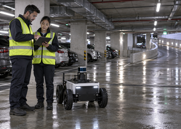 compact autonomous cleaning and inspection robot with physical LiDAR navigating a realistic underground parking garage ramp among concrete pillars and parked cars validation scene 3
