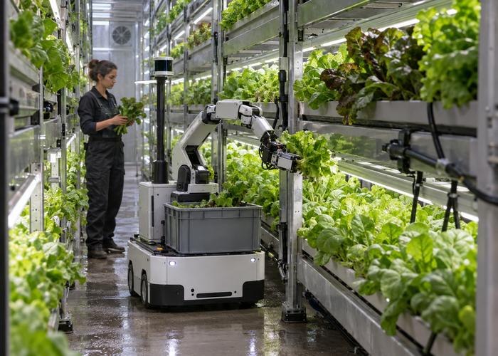 real indoor vertical farm with stacked leafy greens and an unbranded harvesting robot carrying visible physical LiDAR in a narrow aisle in a realistic LiDAR application scene