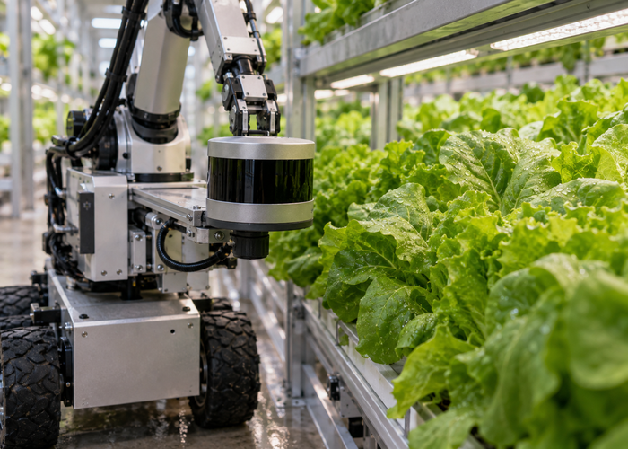 real indoor vertical farm with stacked leafy greens and an unbranded harvesting robot carrying visible physical LiDAR in a narrow aisle validation scene 2