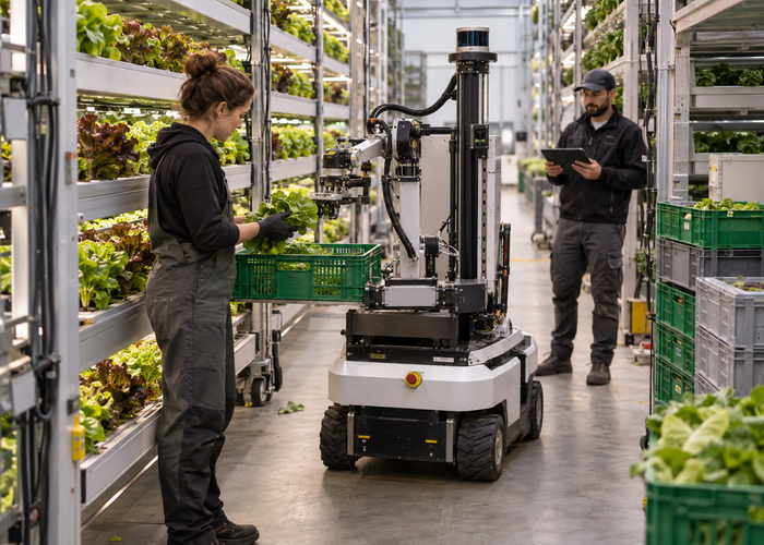 real indoor vertical farm with stacked leafy greens and an unbranded harvesting robot carrying visible physical LiDAR in a narrow aisle validation scene 3