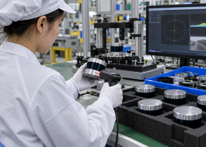 unbranded LiDAR sensor production and quality station where technicians scan serial labels and inspect physical sensor assemblies under natural factory lighting in a realistic LiDAR application scene