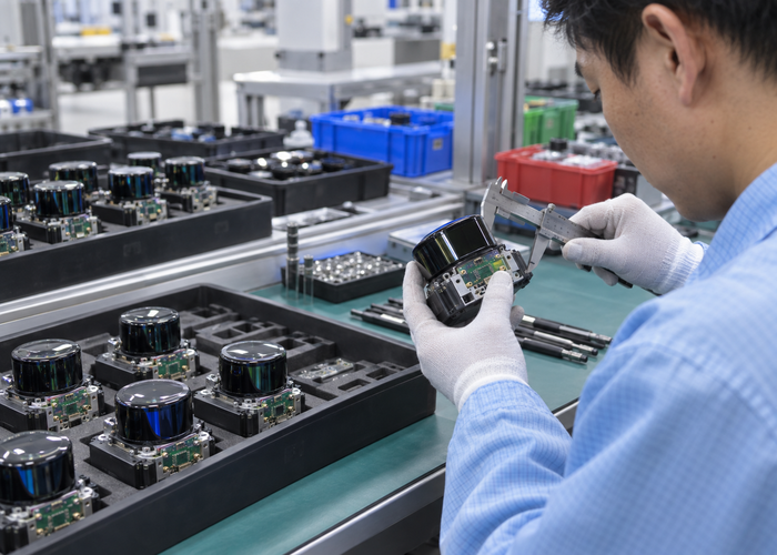 unbranded LiDAR sensor production and quality station where technicians scan serial labels and inspect physical sensor assemblies under natural factory lighting validation scene 2