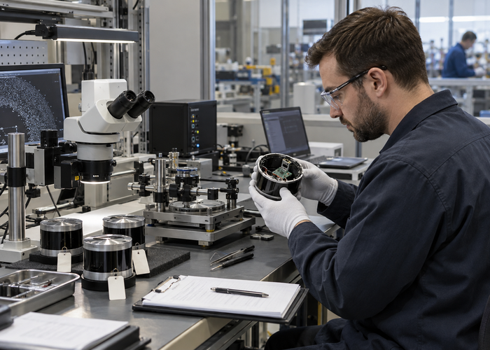 unbranded LiDAR sensor production and quality station where technicians scan serial labels and inspect physical sensor assemblies under natural factory lighting validation scene 3