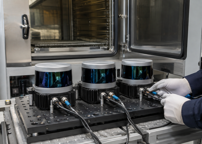 multiple LiDAR sensors undergoing controlled powered burn-in testing in a professional environmental lab validation scene 2
