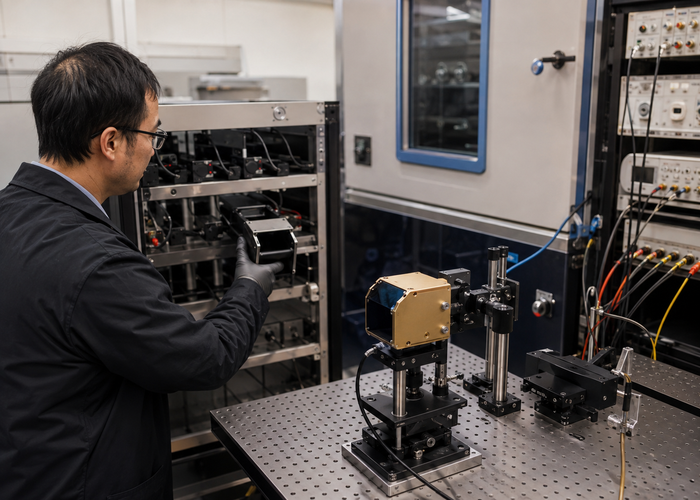 multiple LiDAR sensors undergoing controlled powered burn-in testing in a professional environmental lab validation scene 3