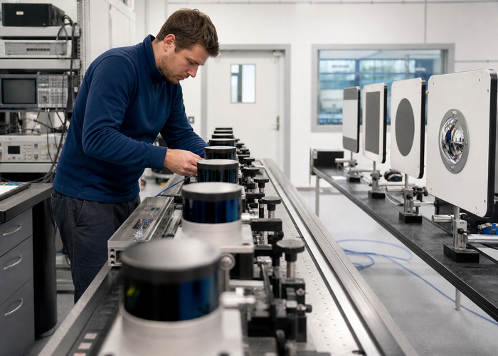 engineers calibrating multiple LiDAR sensors against traceable targets in a professional metrology laboratory in a realistic LiDAR application scene