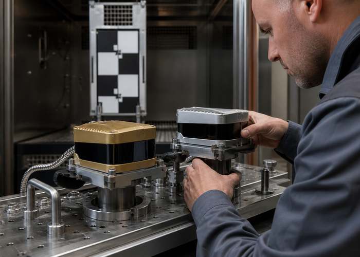 engineers calibrating multiple LiDAR sensors against traceable targets in a professional metrology laboratory validation scene 2