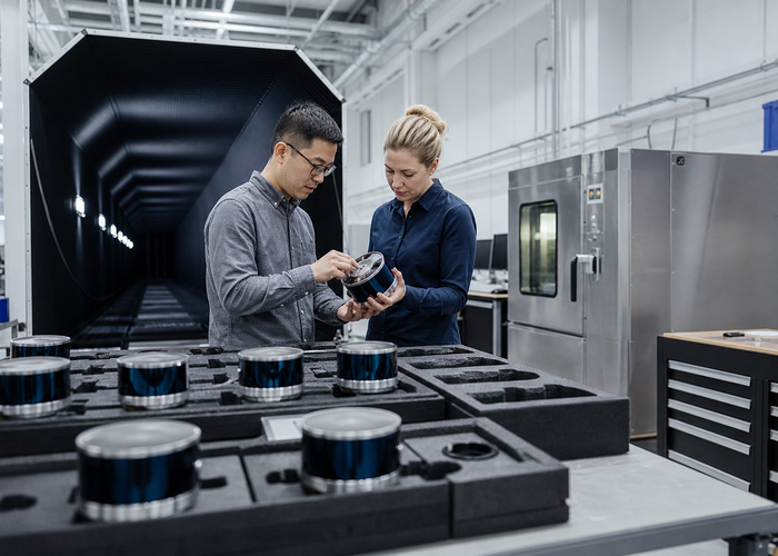 engineers calibrating multiple LiDAR sensors against traceable targets in a professional metrology laboratory validation scene 3