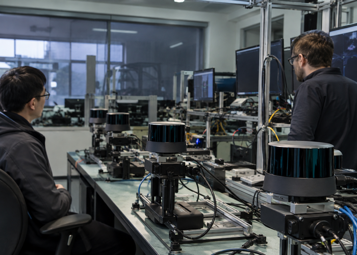 real electronics validation laboratory with several unbranded physical LiDAR sensors connected to secured firmware test benches while engineers review update recovery results on unreadable screens in a realistic LiDAR application scene