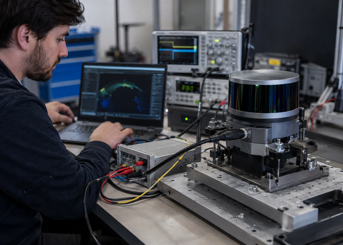 real electronics validation laboratory with several unbranded physical LiDAR sensors connected to secured firmware test benches while engineers review update recovery results on unreadable screens validation scene 2