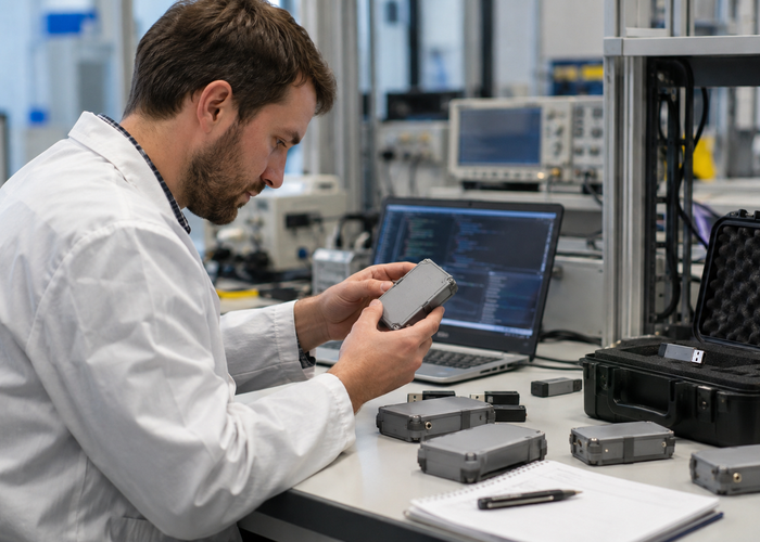 real electronics validation laboratory with several unbranded physical LiDAR sensors connected to secured firmware test benches while engineers review update recovery results on unreadable screens validation scene 3