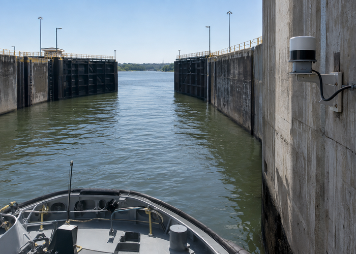 real navigation lock approach with an unbranded physical LiDAR sensor mounted on a concrete guide wall monitoring a workboat aligned between steel gates in a realistic LiDAR application scene