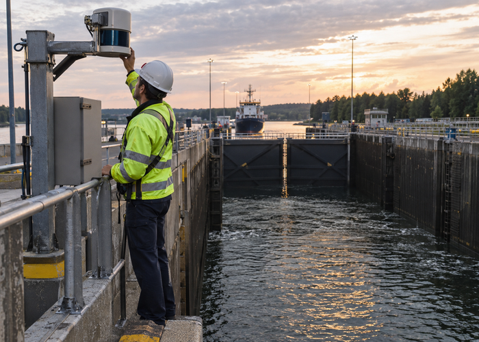 real navigation lock approach with an unbranded physical LiDAR sensor mounted on a concrete guide wall monitoring a workboat aligned between steel gates validation scene 3
