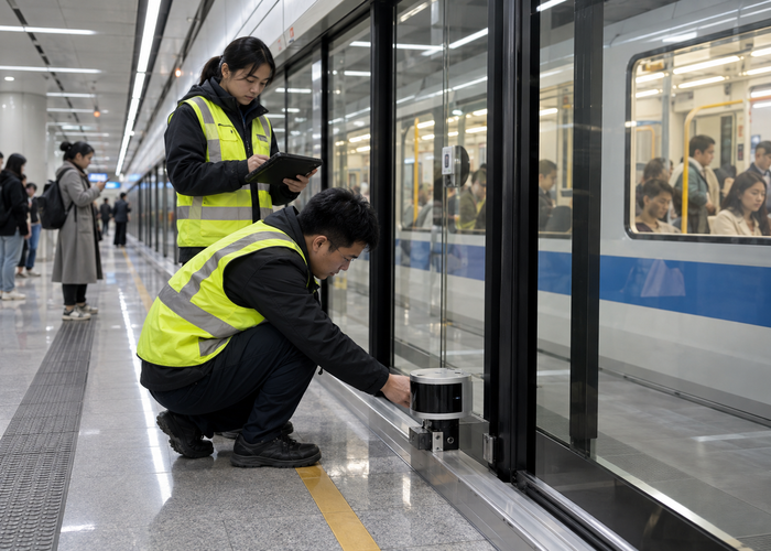 real modern metro platform with screen doors, technicians testing an unbranded physical LiDAR sensor near the door threshold in a realistic LiDAR application scene