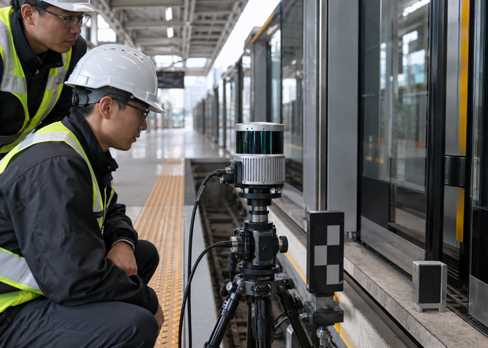 real modern metro platform with screen doors, technicians testing an unbranded physical LiDAR sensor near the door threshold validation scene 2