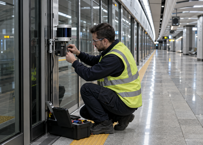 real modern metro platform with screen doors, technicians testing an unbranded physical LiDAR sensor near the door threshold validation scene 3