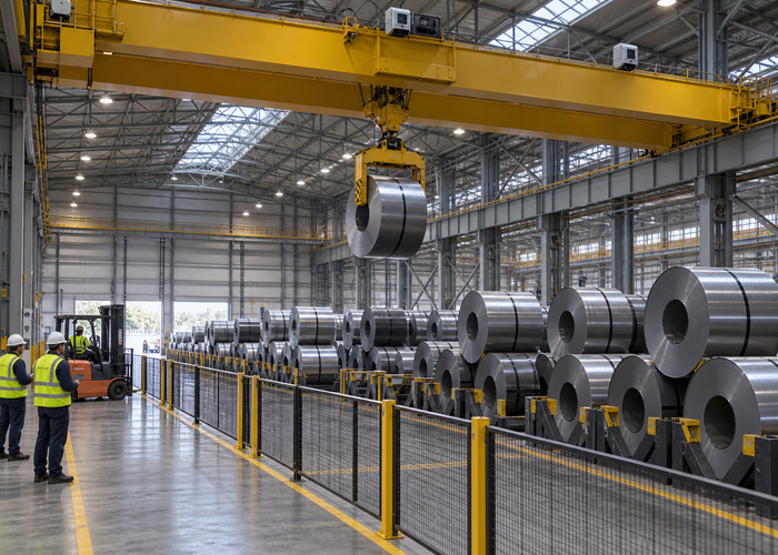 steel-coil warehouse overhead crane with physical LiDAR sensors monitoring stacked coils, suspended load clearance and a protected aisle in a realistic LiDAR application scene