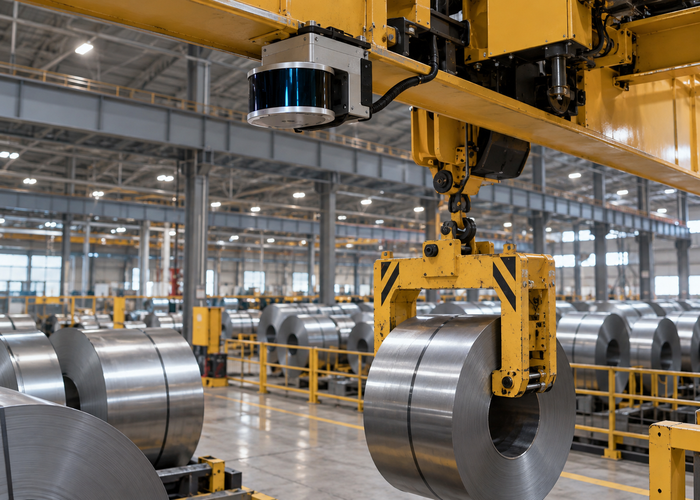 steel-coil warehouse overhead crane with physical LiDAR sensors monitoring stacked coils, suspended load clearance and a protected aisle validation scene 2