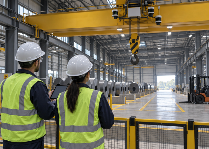 steel-coil warehouse overhead crane with physical LiDAR sensors monitoring stacked coils, suspended load clearance and a protected aisle validation scene 3