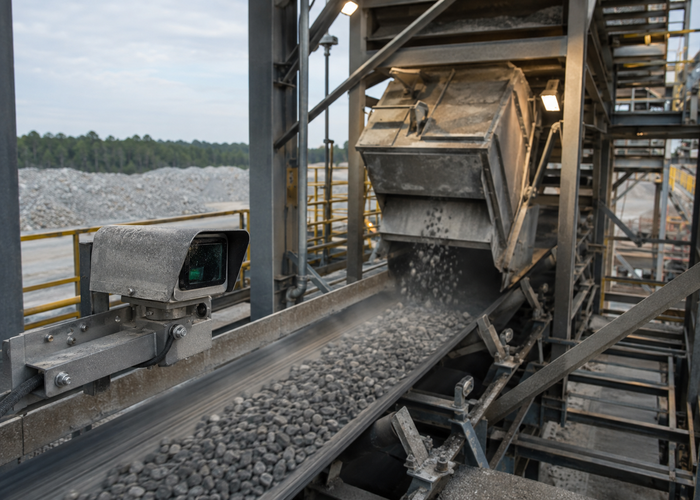 industrial LiDAR sensor monitoring a bulk-material conveyor transfer chute for pileup in a realistic LiDAR application scene