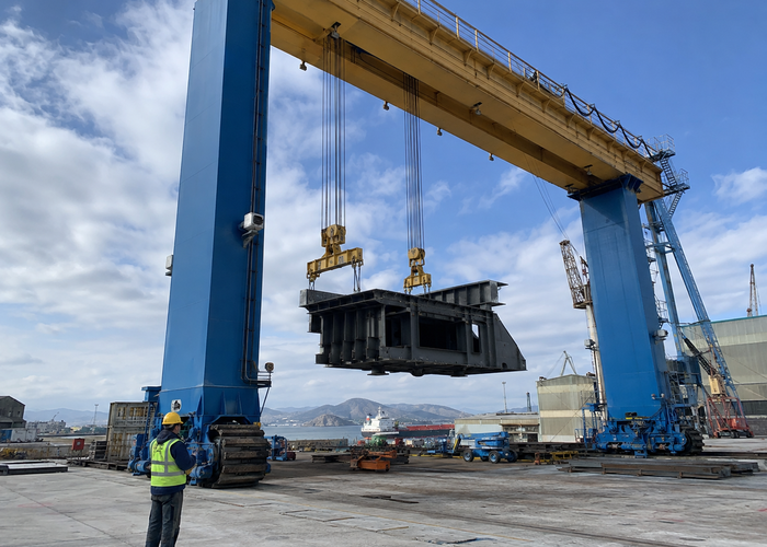 shipyard gantry crane using physical LiDAR sensors around a suspended steel load in a realistic LiDAR application scene