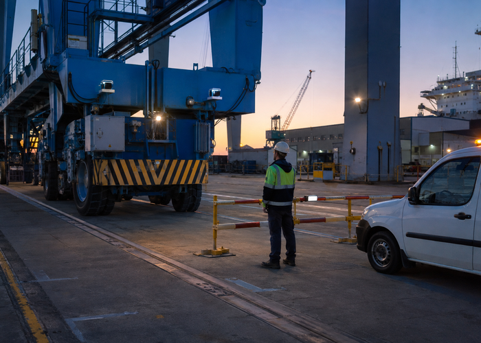 shipyard gantry crane using physical LiDAR sensors around a suspended steel load validation scene 3