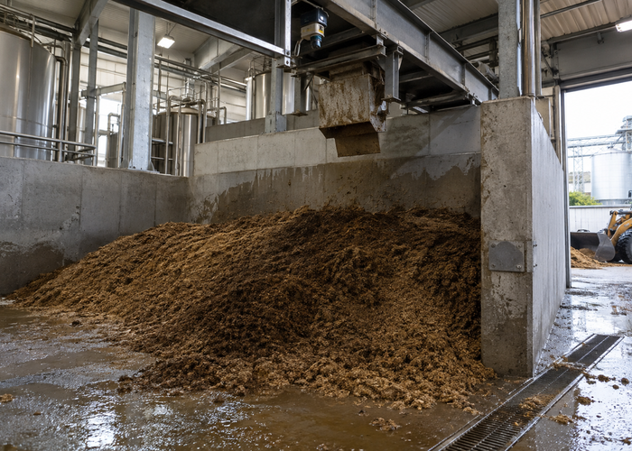 real brewery spent-grain handling bunker with wet grain piles, an unbranded fixed physical LiDAR scanner, drainage channel and loader parked outside the measurement zone in a realistic LiDAR application scene