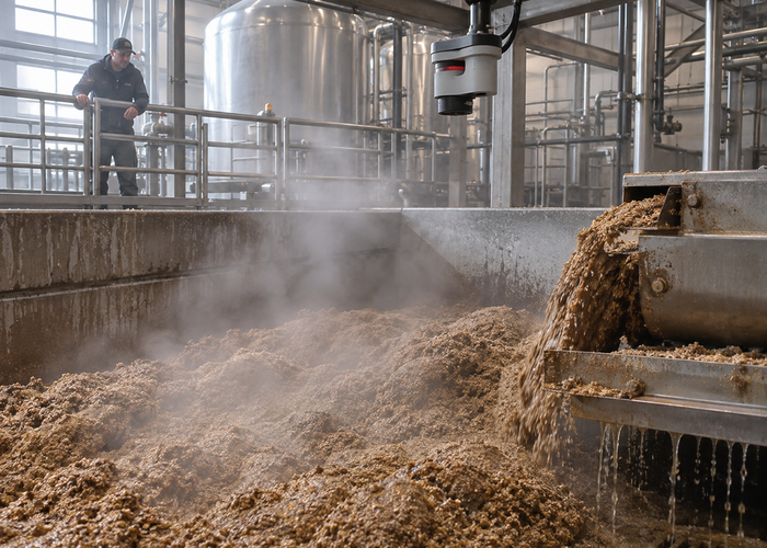 real brewery spent-grain handling bunker with wet grain piles, an unbranded fixed physical LiDAR scanner, drainage channel and loader parked outside the measurement zone validation scene 2