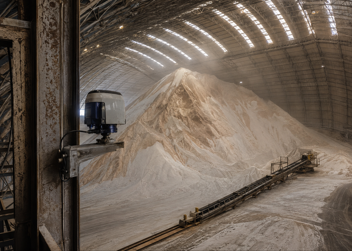 fixed LiDAR scanner monitoring a fertilizer stockpile inside a large storage dome in a realistic LiDAR application scene