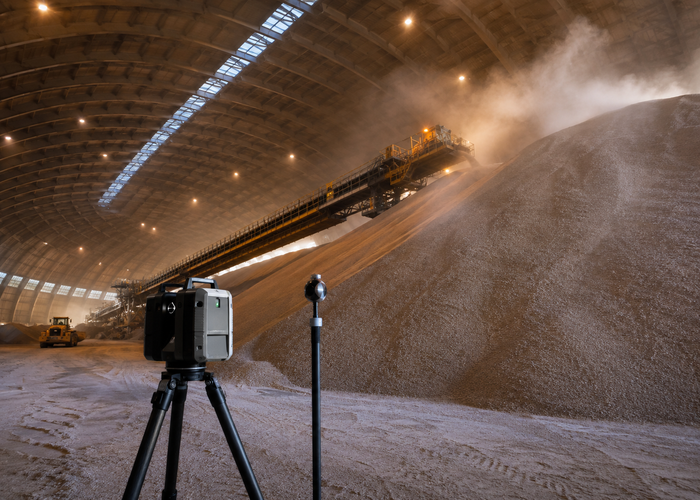 fixed LiDAR scanner monitoring a fertilizer stockpile inside a large storage dome validation scene 3