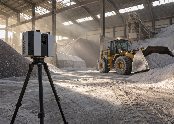 real bulk fertilizer warehouse with floor stockpiles, a loader and a visible unbranded physical LiDAR scanner on a survey tripod in a realistic LiDAR application scene