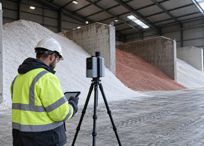 real bulk fertilizer warehouse with floor stockpiles, a loader and a visible unbranded physical LiDAR scanner on a survey tripod validation scene 2