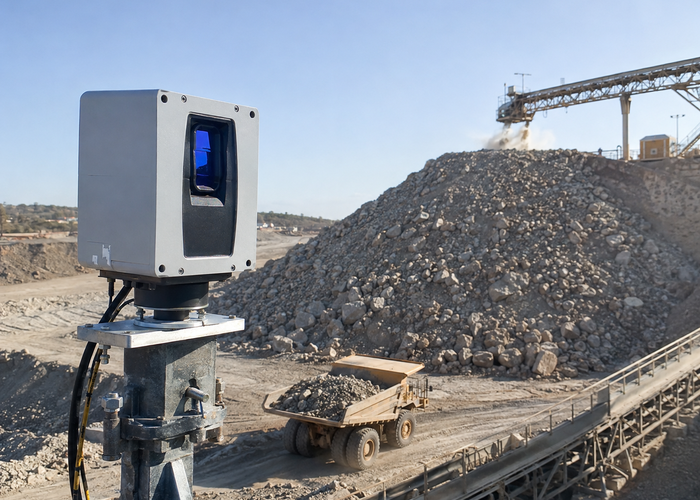 fixed LiDAR scanner monitoring a quarry surge pile beside conveyors and haul trucks in a realistic LiDAR application scene